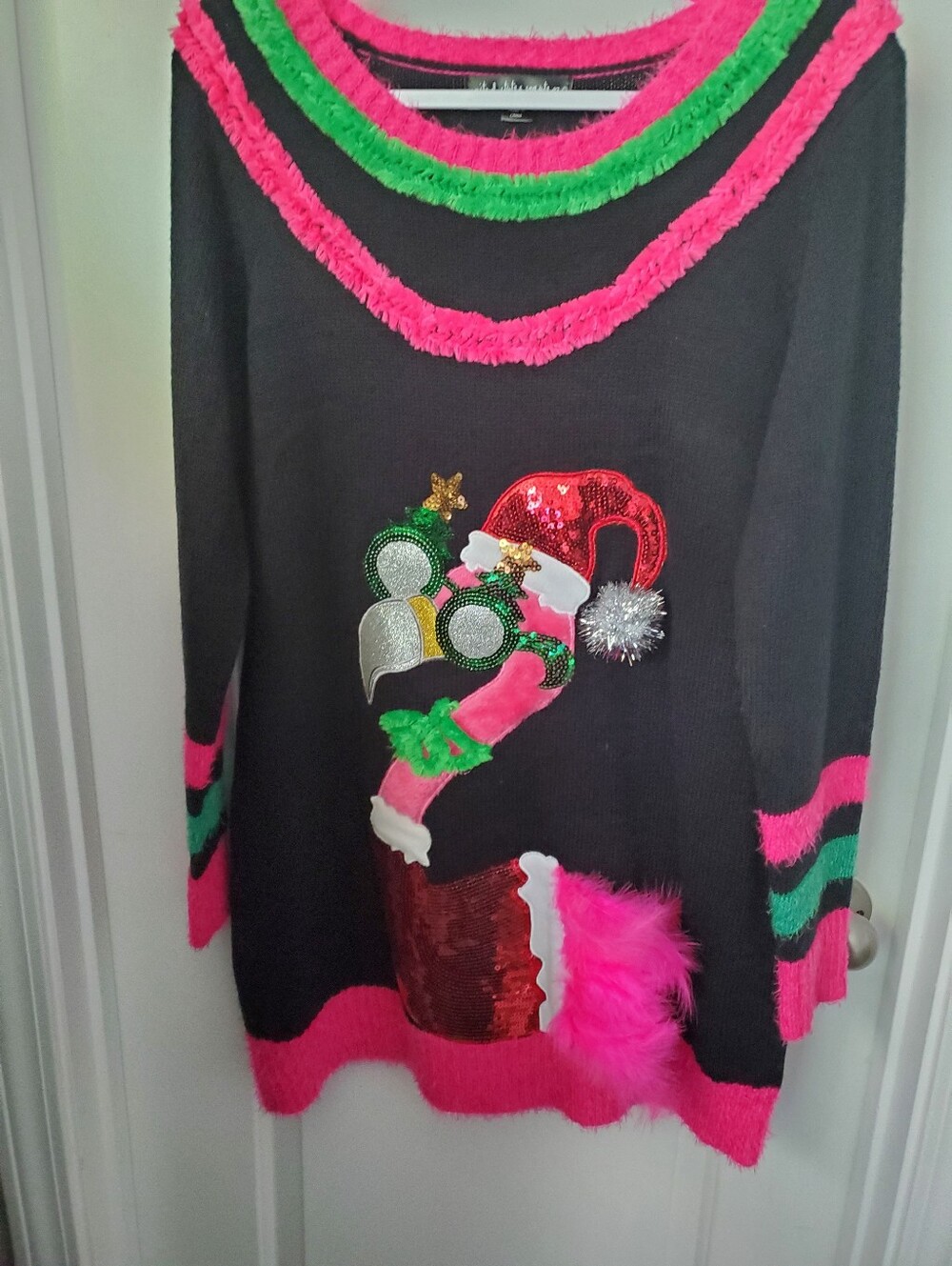 Flamingo Feather And Sequin Tacky Long Christmas Sweater Size XL